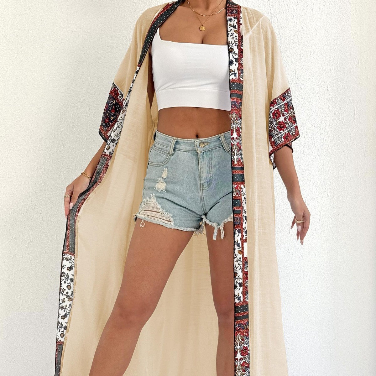 Women Sun Protection Cardigan Women Clothing Color Contrast Patchwork Long Coat Beach Bikini Cover up Blouse Bella Mia